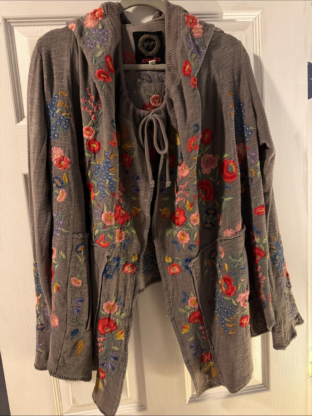 Johnny Was Gray Embroidered Hooded Cardigan with Multicolor Floral Detail